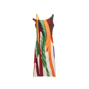 Desigual brown striped sleeveless midi dress with bold green orange red and white print ruched side detail polyester elastane