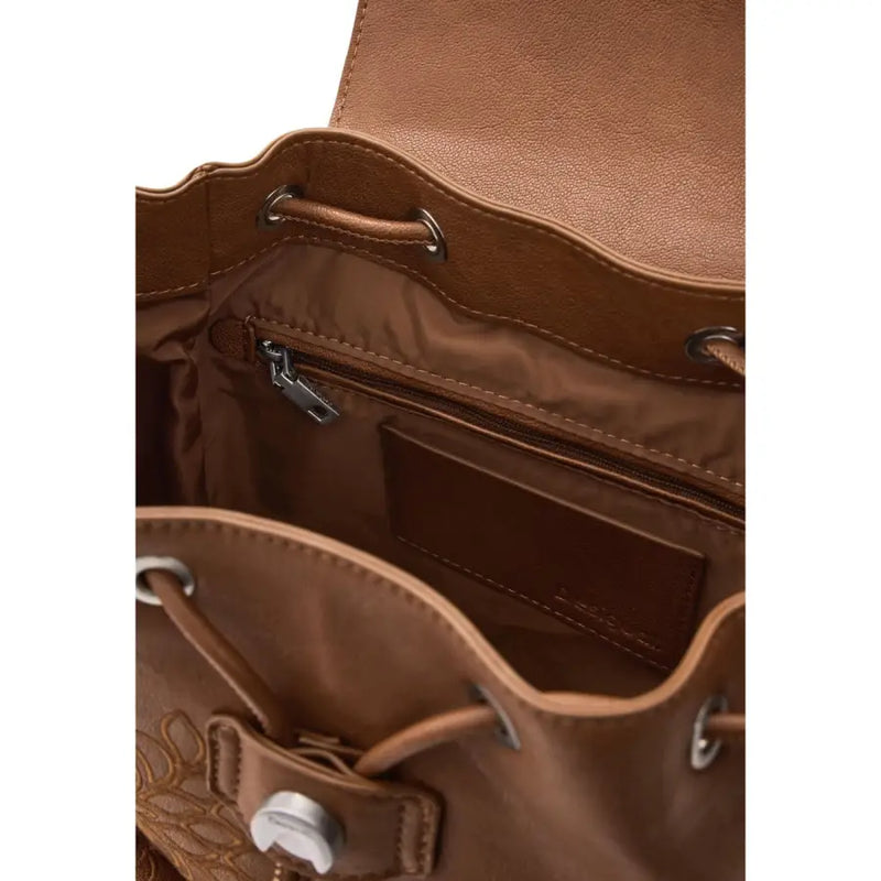 Desigual brown leather drawstring backpack with silver hardware and embossed logo from spring summer collection