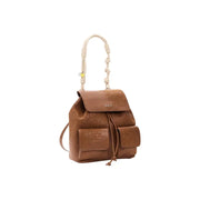 Desigual brown women bag tan leather backpack with braided handle and embossed floral pattern spring summer collection