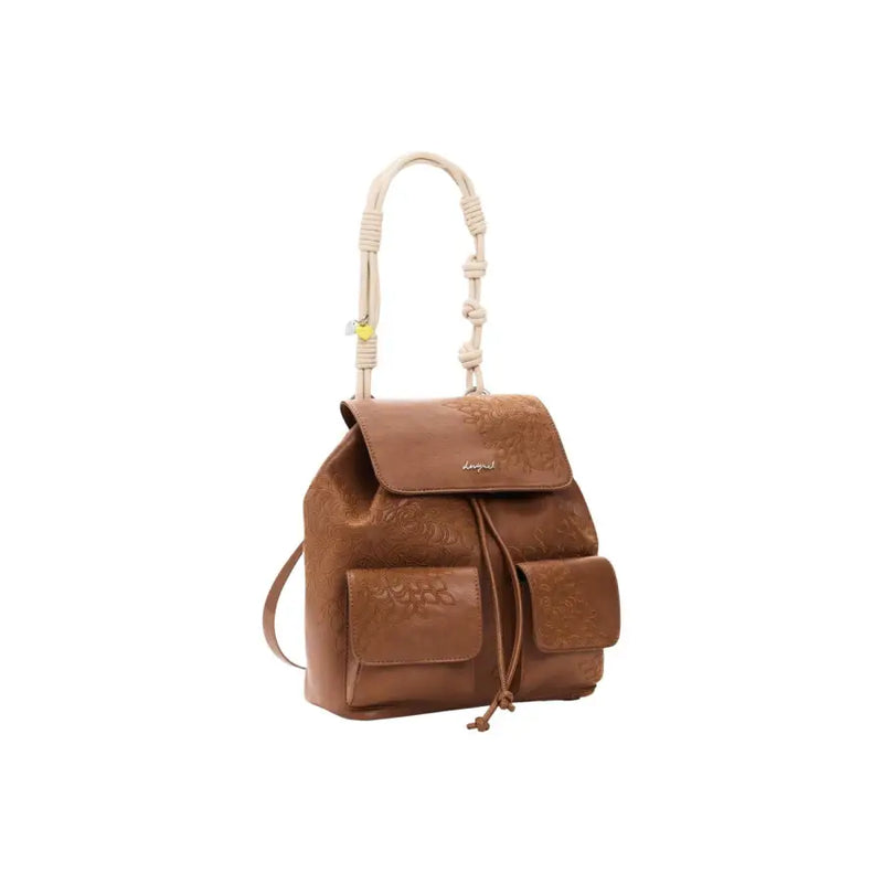 Desigual brown women bag tan leather backpack with braided handle and embossed floral pattern spring summer collection