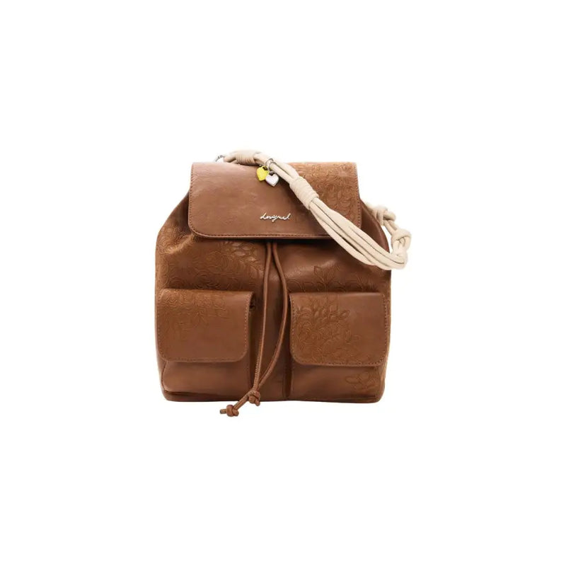 Desigual brown leather women bag with floral embossed pattern cream braided strap and drawstring closure spring summer collection