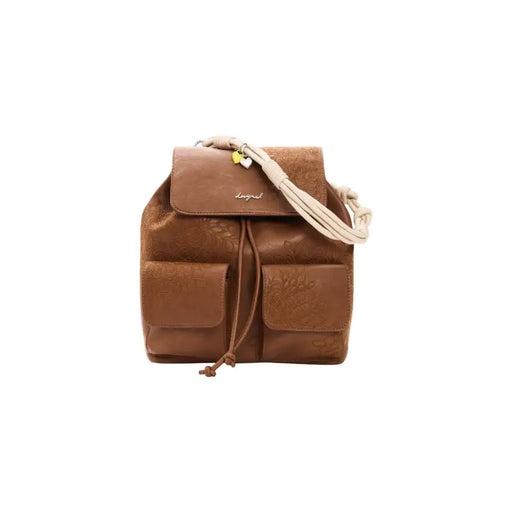 Desigual brown leather women bag with floral embossed pattern cream braided strap and drawstring closure spring summer collection