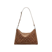 Brown suede Desigual shoulder handbag with studded diamond pattern and zip closure