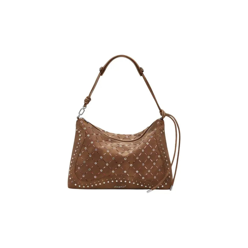 Brown leather shoulder bag with perforated pattern and stud details from Desigual