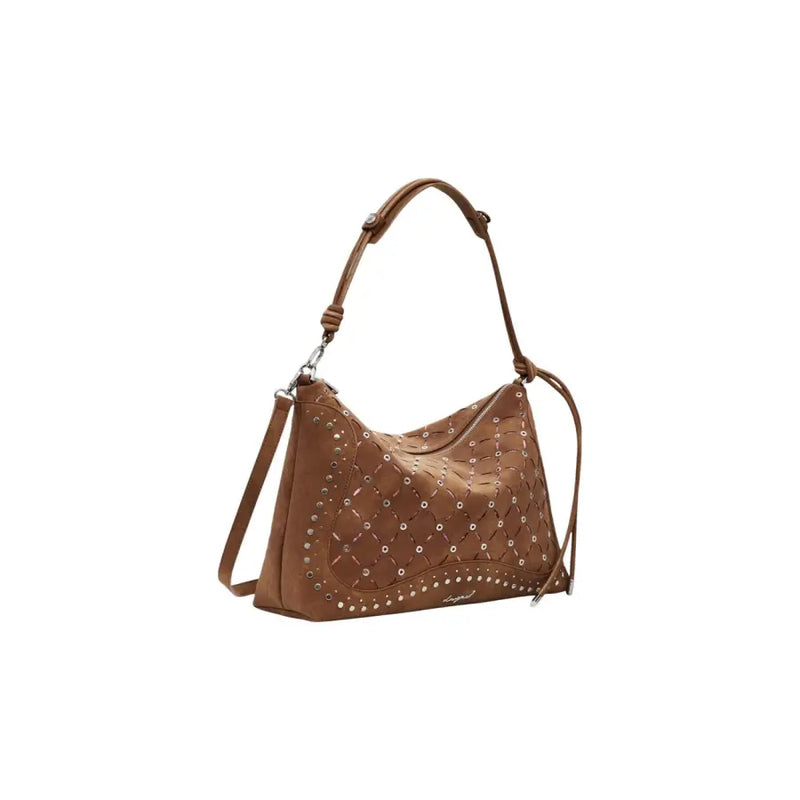 Brown leather shoulder bag with quilted design and metallic studs for women
