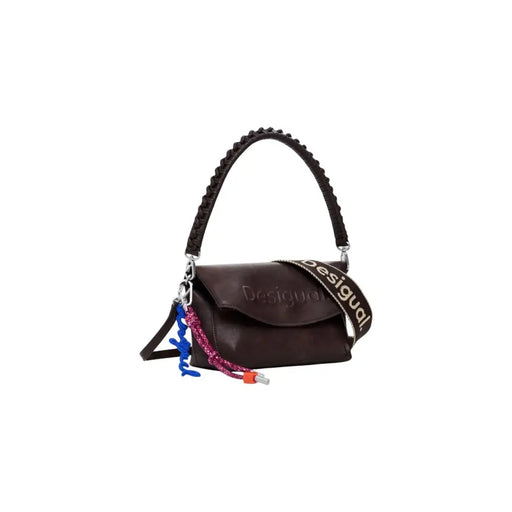 Dark brown faux leather shoulder bag with braided handle and fabric strap for Desigual Women’s Fall Winter collection
