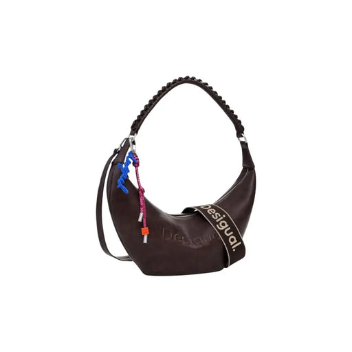 Dark brown crescent-shaped shoulder bag with braided handle and colorful charm for women