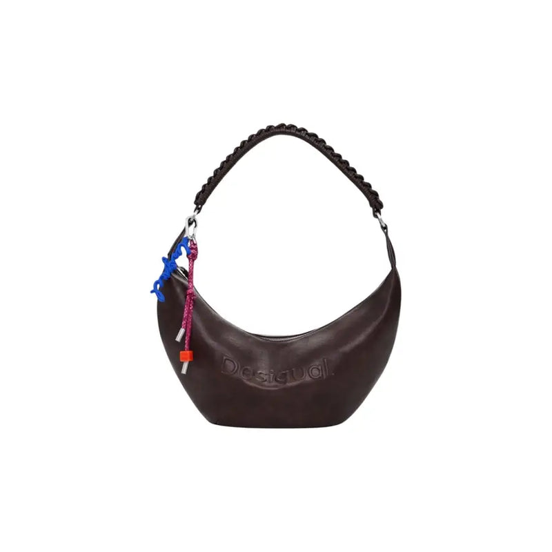 Dark brown crescent-shaped shoulder bag with braided strap and colorful charms for women