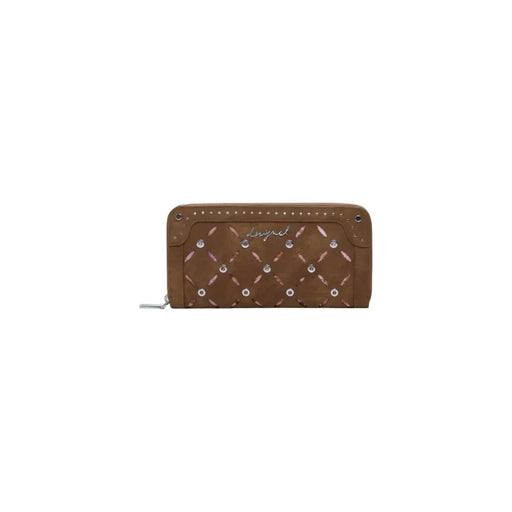 Desigual brown zip wallet for women with quilted leather and silver studs