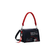 Black leather shoulder bag with red braided strap and Mickey Mouse graphics from Desigual