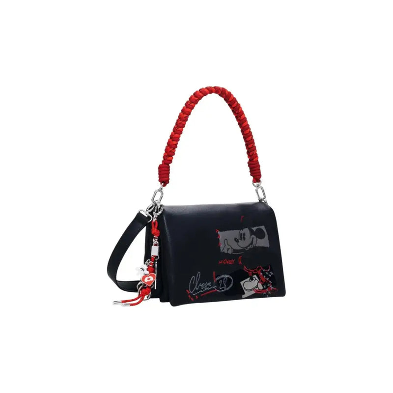 Black leather shoulder bag with red braided strap and Mickey Mouse graphics from Desigual