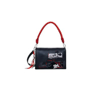 Black leather shoulder bag with red braided strap and Mickey Mouse graphics in Desigual handbag