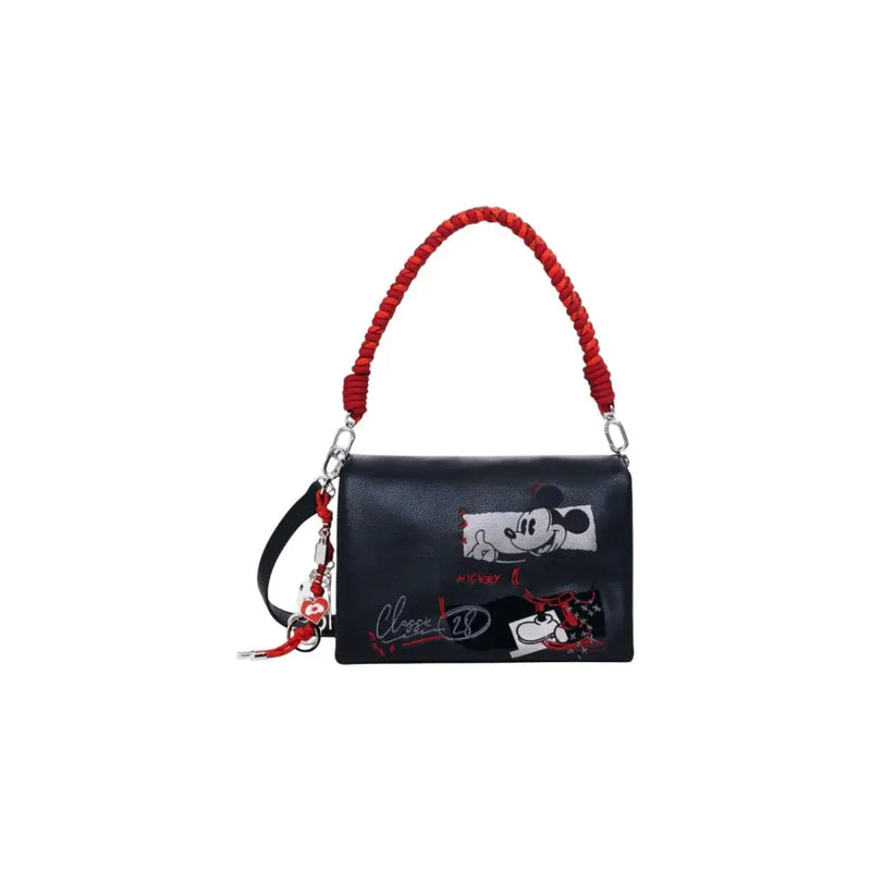 Black leather shoulder bag with red braided strap and Mickey Mouse graphics in Desigual handbag