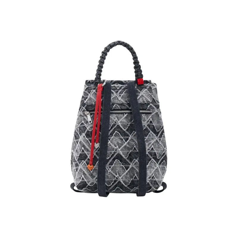 Desigual grey cotton rucksack with black and white geometric pattern braided handles red zipper pulls and heart charm