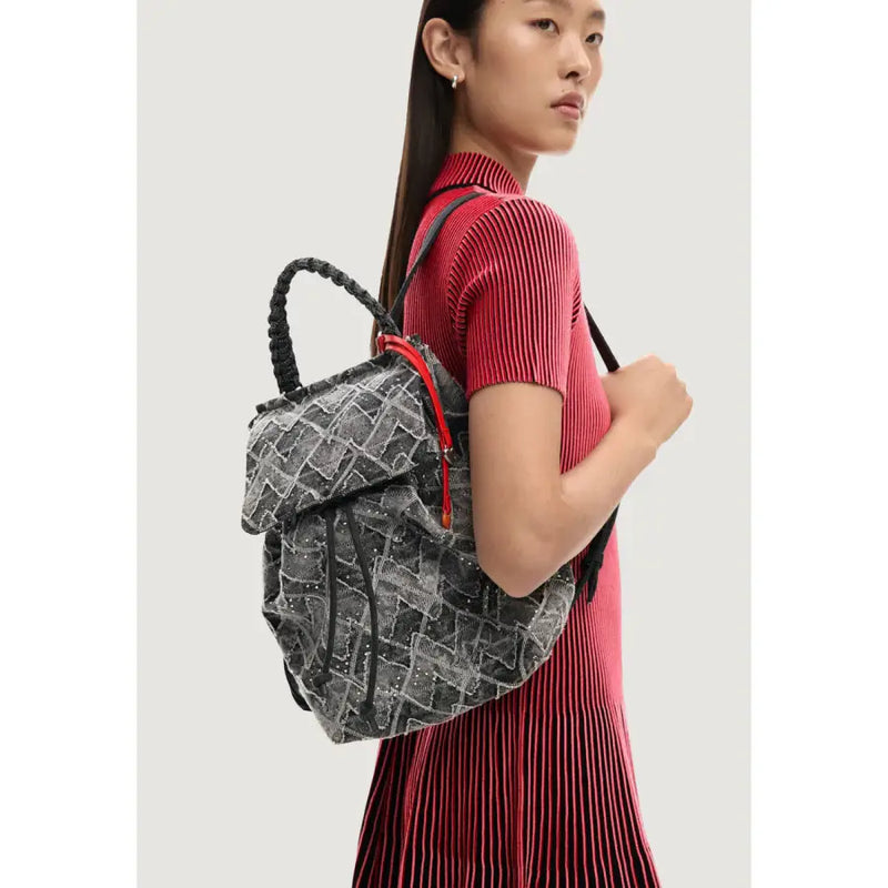 Desigual grey cotton rucksack with black and gray quilted design and red zipper pulls featuring inside pockets