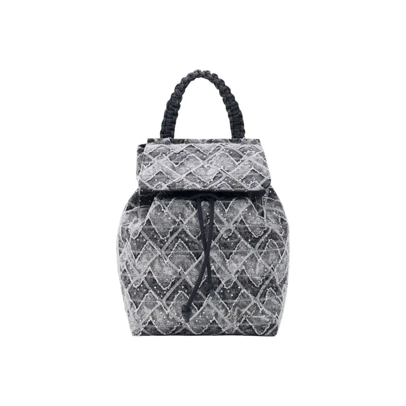 Desigual grey cotton rucksack mini backpack with black and silver geometric pattern and braided top handle