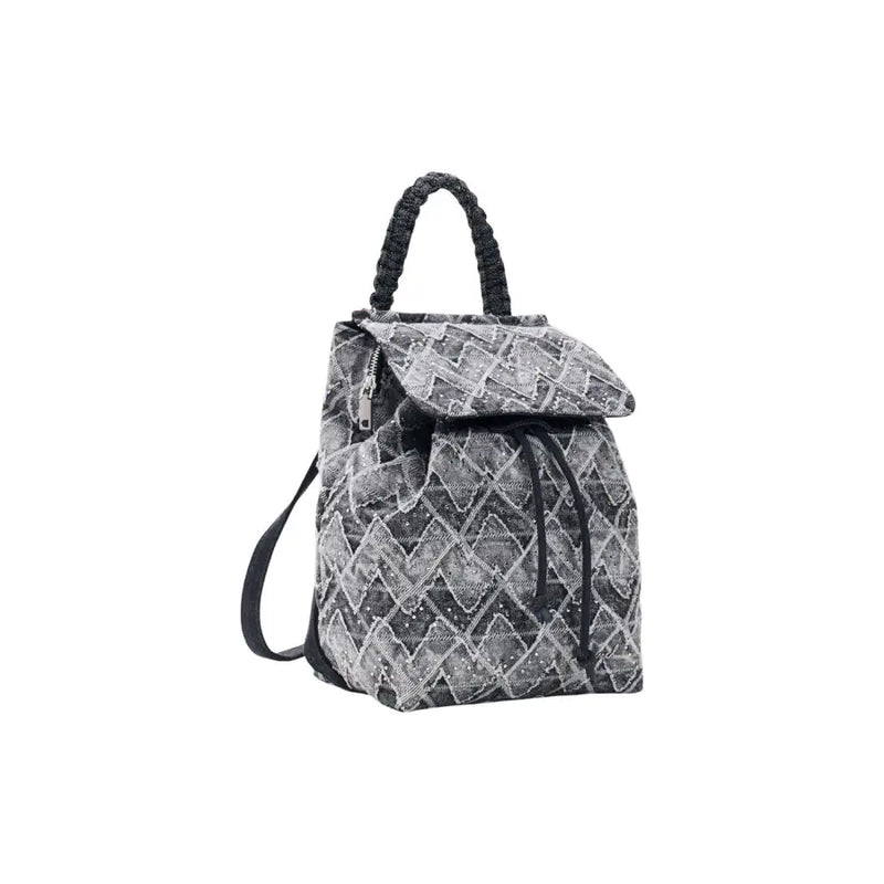 Desigual grey cotton rucksack with black and silver geometric pattern braided top handle and adjustable shoulder strap