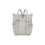 Light gray leather backpack with adjustable straps and multiple pockets for women