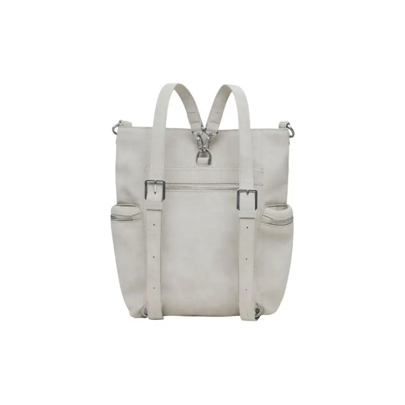 Light gray leather backpack with adjustable straps and multiple pockets for women