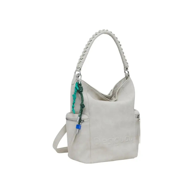 Light grey slouchy handbag with braided strap and colorful charm for women