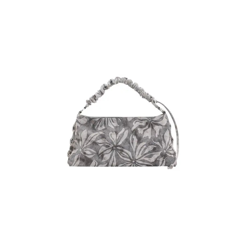 Desigual grey floral cotton handbag with ruched top handle adjustable shoulder strap and zip pocket