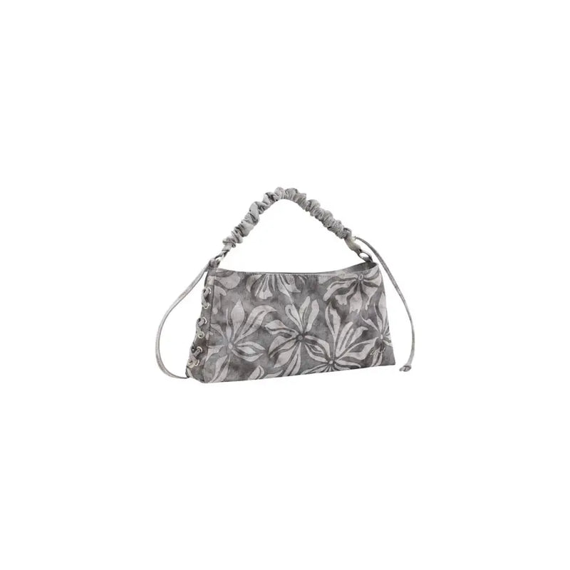 Desigual grey floral cotton handbag with ruched top handle zip pocket and adjustable shoulder strap