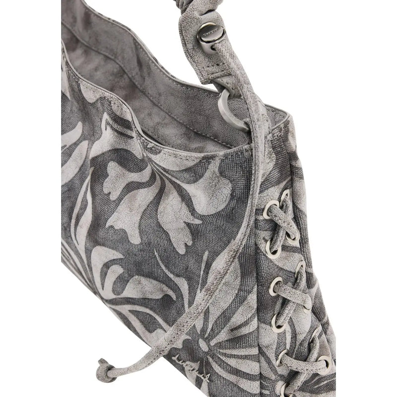 Desigual grey floral cotton handbag with lace-up detailing braided shoulder strap and zip pocket
