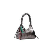 Metallic gray polyurethane shoulder bag with ruched strap and colorful keychains for women
