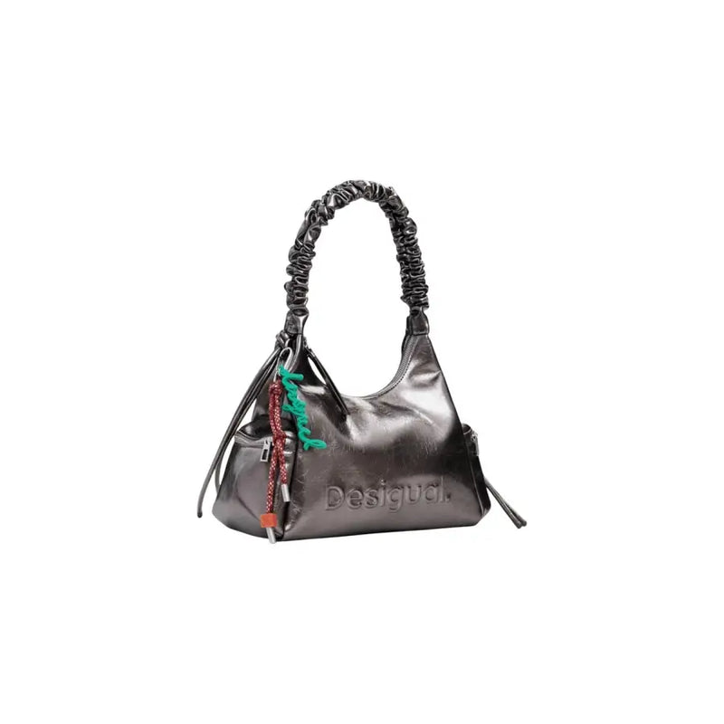 Metallic gray polyurethane shoulder bag with ruched strap and colorful keychains for women