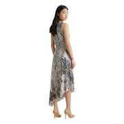 Desigual grey print sleeveless midi dress with high neck and flowing gray and white botanical asymmetrical hemline