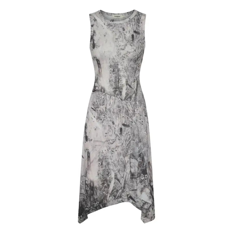 Desigual grey print sleeveless dress with asymmetrical hem and flowy fabric in monochrome abstract print