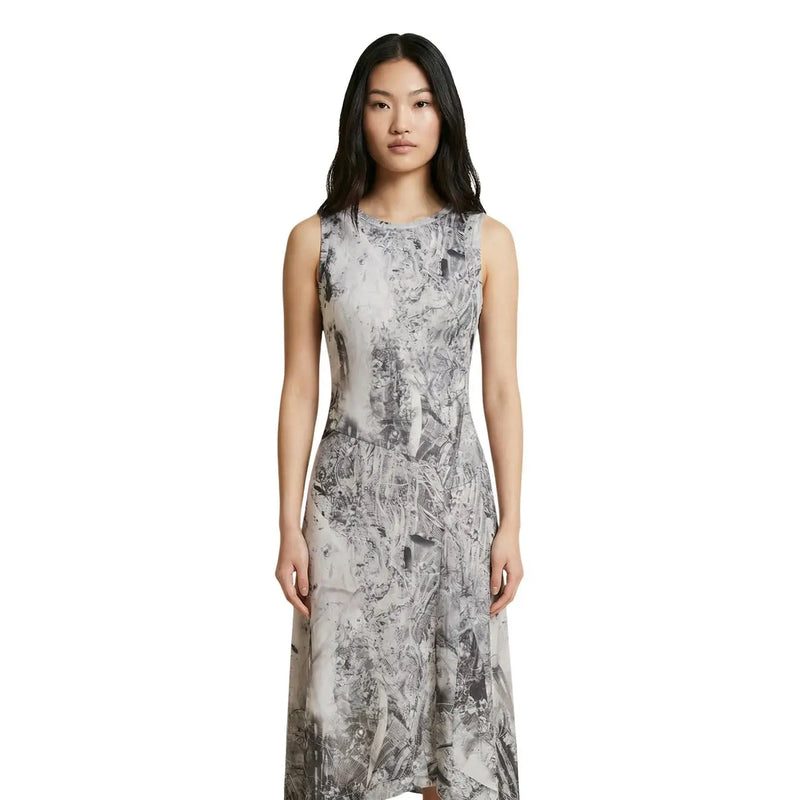 Desigual grey print sleeveless dress with monochromatic abstract print flowing fabric and fitted silhouette