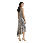 Desigual grey print sleeveless midi dress with high neck and flowing gray and white botanical asymmetrical hemline