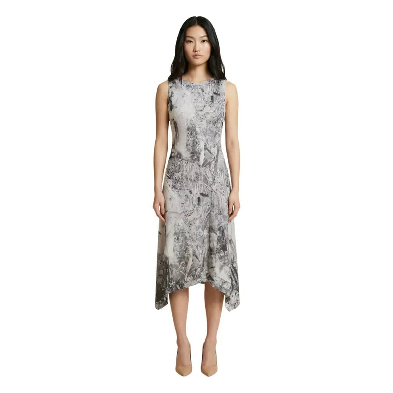 Desigual grey print sleeveless midi dress with asymmetrical hem and flowing monochrome botanical fabric