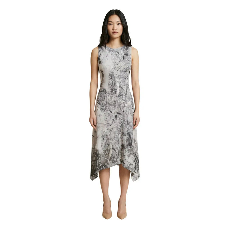 Desigual grey print sleeveless midi dress with asymmetrical hem and flowing monochrome botanical fabric