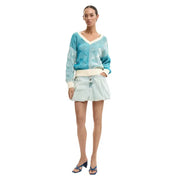 Pull Desigual bleu clair à col en V long en maille de coton avec manches ondulées turquoise pour femme