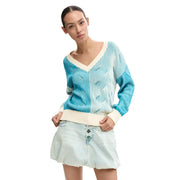 Pull Desigual bleu clair à col V long en maille de coton, motif ondulé turquoise crème