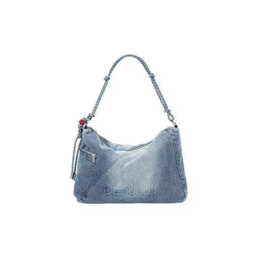 Desigual light blue denim zippered shoulder handbag with braided strap and red bead accent for casual use