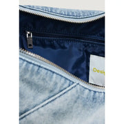 Desigual light blue zippered handbag made of light-wash denim with a navy interior and silver zipper hardware