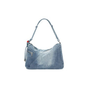 Desigual light blue denim zippered shoulder handbag with braided strap and red bead accent for casual use