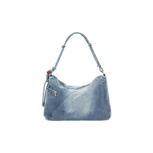 Desigual light blue denim zippered shoulder handbag with braided strap and red bead accent for casual use