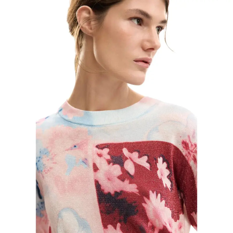 A soft knitted Desigual pink floral long sleeve round neck viscose knitwear with vibrant flowers in pink red and blue