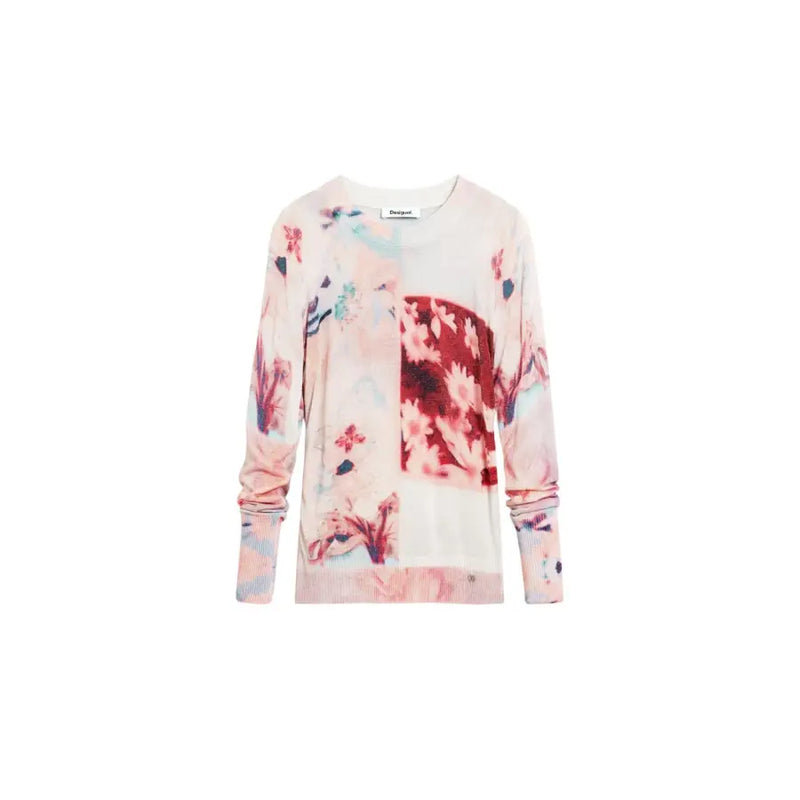 A soft pink viscose knitwear sweater by Desigual with vibrant red pink and blue floral patterns and long sleeves