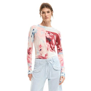 Desigual pink floral long sleeve viscose knitwear with soft watercolor floral pattern on light blue fabric
