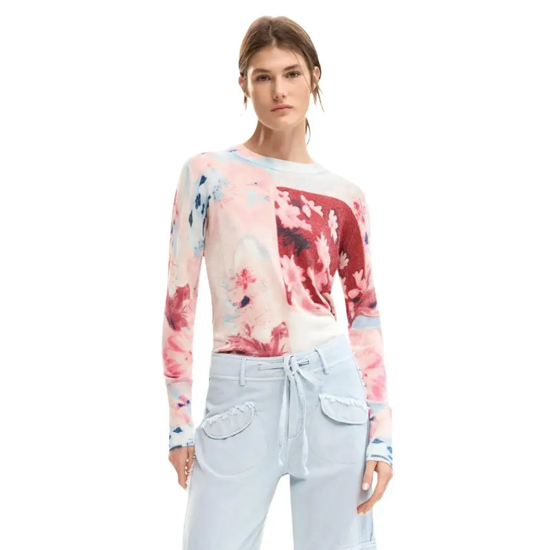 Desigual pink floral long sleeve viscose knitwear with soft watercolor floral pattern on light blue fabric