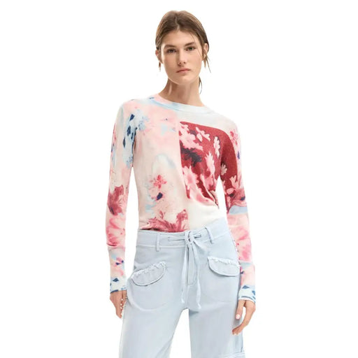 Pull en viscose à manches longues et col rond Desigual rose à fleurs