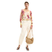 Sac à main Desigual rose à motif floral en paille tressée couleur camel