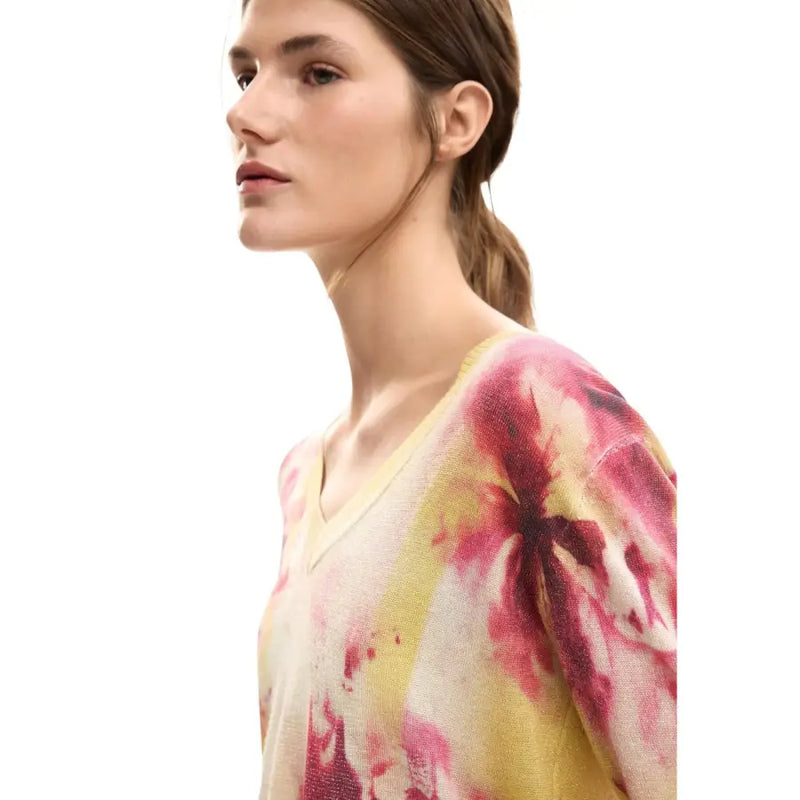 Pull Desigual rose à fleurs, col en V, en maille tie-dye pour femme
