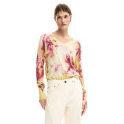 Pull Desigual rose à fleurs, manches longues et col en V top pour les femmes
