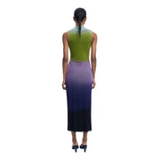 Woman wearing a Desigual purple sleeveless ombre midi dress with a round neckline